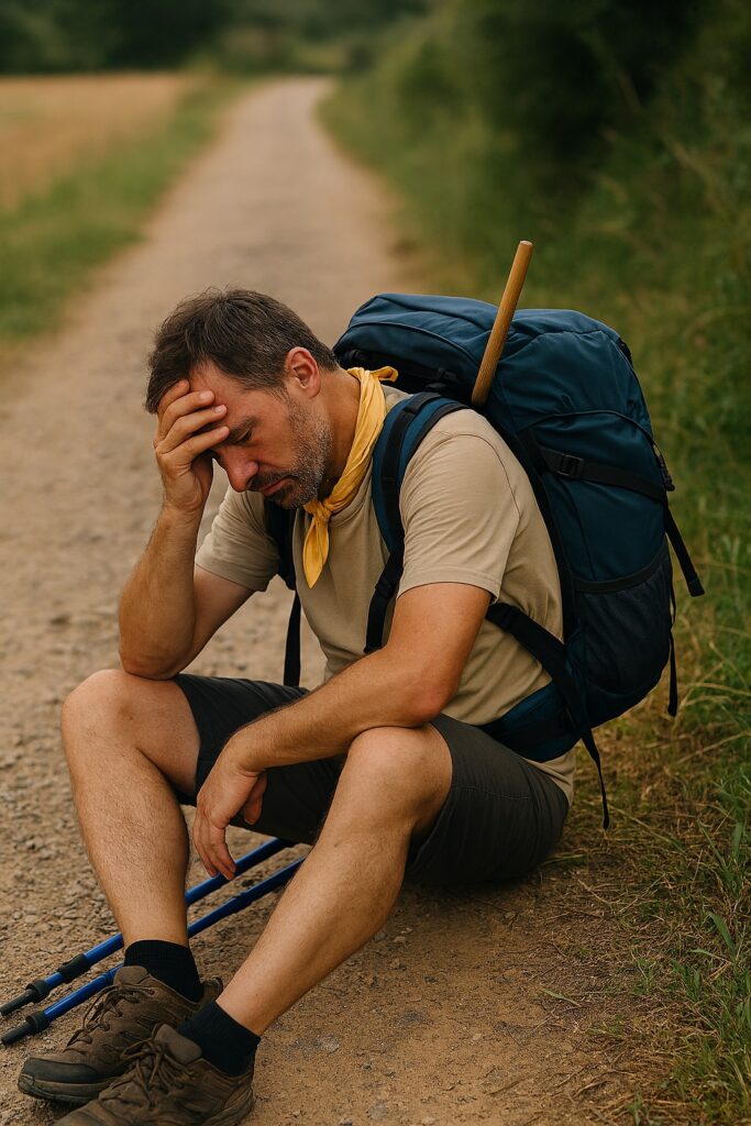 Peregrino exausto. Hay que evitar lesiones comunes en el Camino 